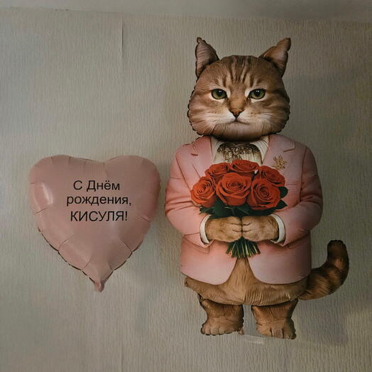 Шар кот романтик розовый и сердце для девушки, жены, любимой-2шара