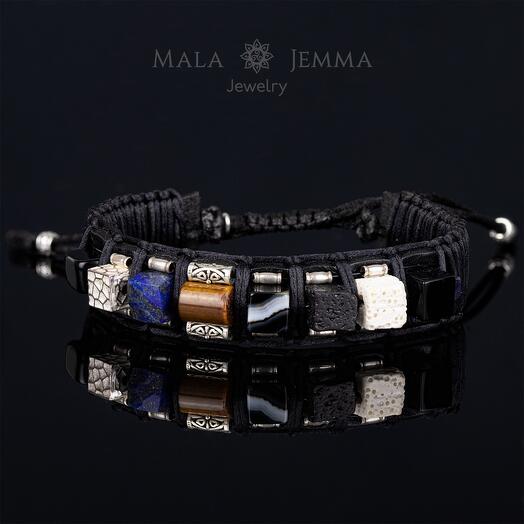 Плетёный кожаный Стильный мужской браслет натуральные камни, серебро