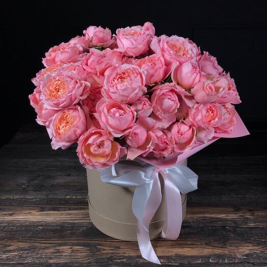 Bush roses Juliet in a hatbox