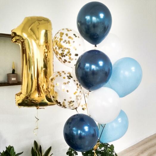 Composition of balloons "Blue fountain with a number"