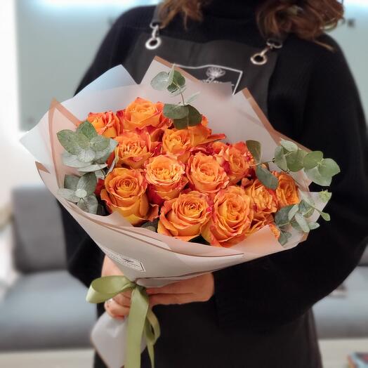 15 orange roses with eucalyptus