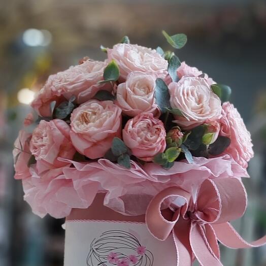 Flowers in a box. Miss Bombastic's peony bush rose with eucalyptus in a hatbox. Bouquet 125