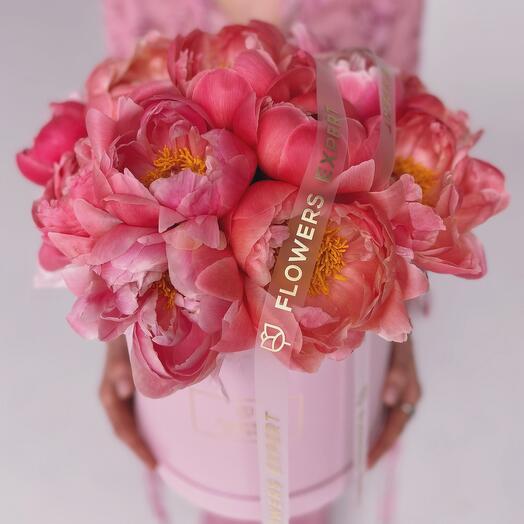 Hatbox of 15 peonies "CORAL SUNSET"