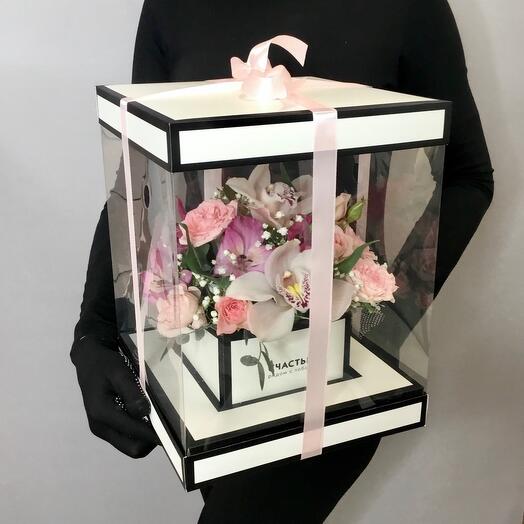 Flowers in a transparent box (in pink tones)