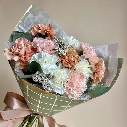 Delicate bouquet of carnations in nude shades and eucalyptus "Apricot jam 2.0"