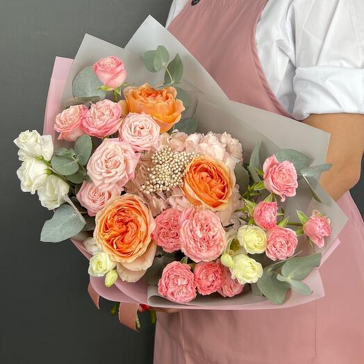 Bouquet of flowers. Bombastic bush roses, pink Hydrangea and peach peony-shaped Roses