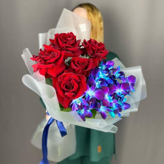 Bouquet of French roses and blue orchid