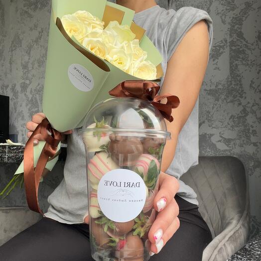 Chocolate-covered strawberries and white roses