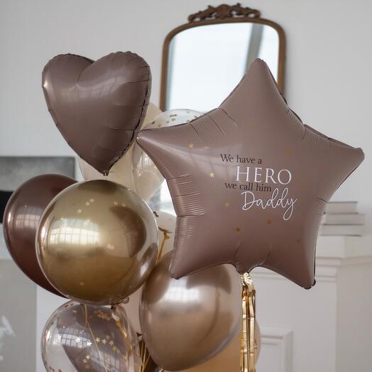 Набор для папы: Большая звезда с надписью и связка шаров "Грильяж" на грузиках | 11 шаров, 2 грузика