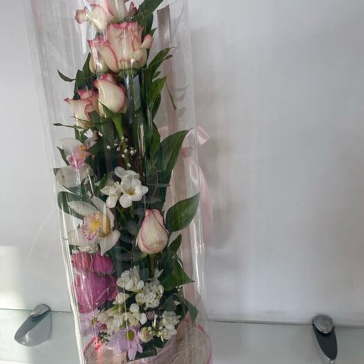 Roses , an orchid in a ring