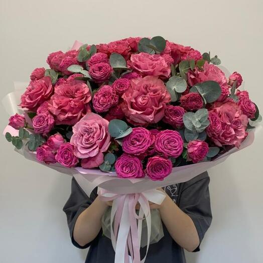 Bouquet of Peony-shaped Roses with the addition of Eucalyptus