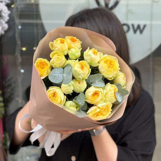 Peony-shaped Moon rose with eucalyptus