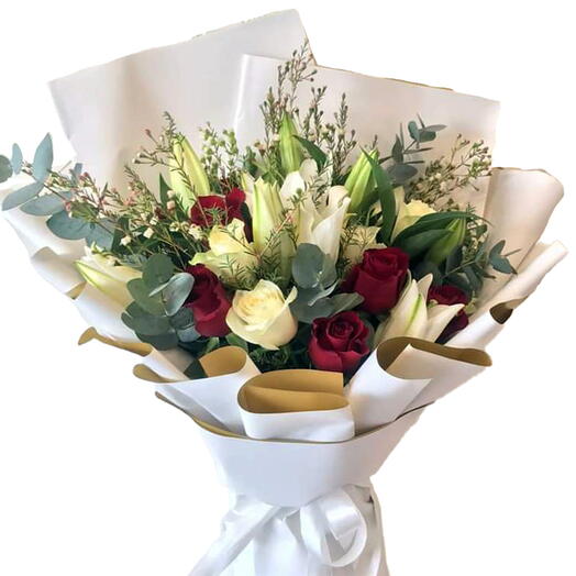 Elegant Mixed Flower Bouquet 8 Red Roses, 5 White Roses, 3 White Lilies, 5 Wax Flowers, 5 Eucalyptus Leaves