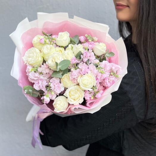 Author's bouquet with bushy white roses and fragrant mattiola