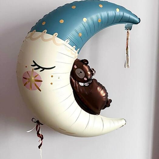 Фольгированный воздушный гелиевый шар фигурный Полумесяц голубой с мишкой