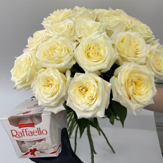 🔥HIT🔥COMBO🔥 Ramo de 21 rosas de peonía cremosas grandes Variedad de Candelita: Ecuador Premium + Caja de dulces Raffaello ️ 🔥 🔝