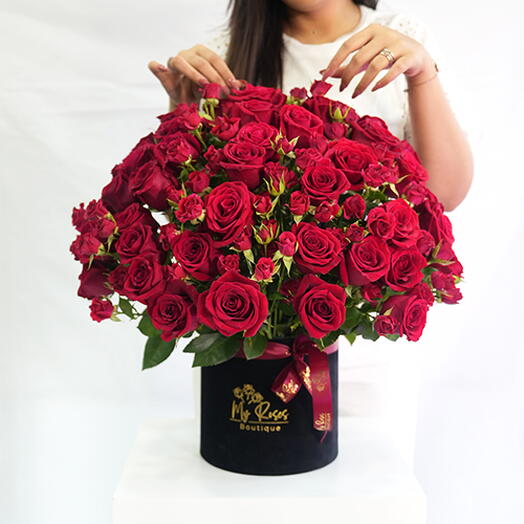 Royal red arrangement in box