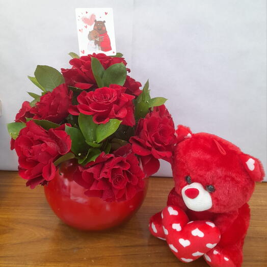 Romantic Red Rose Arrangement with Teddy Bear and Love Card