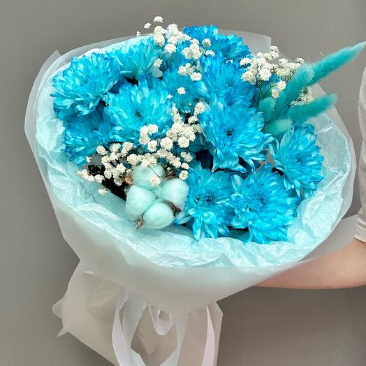💙ТОП!!!Воздушный букет из синих хризантем, гипсофилы, хлопка и лагуруса