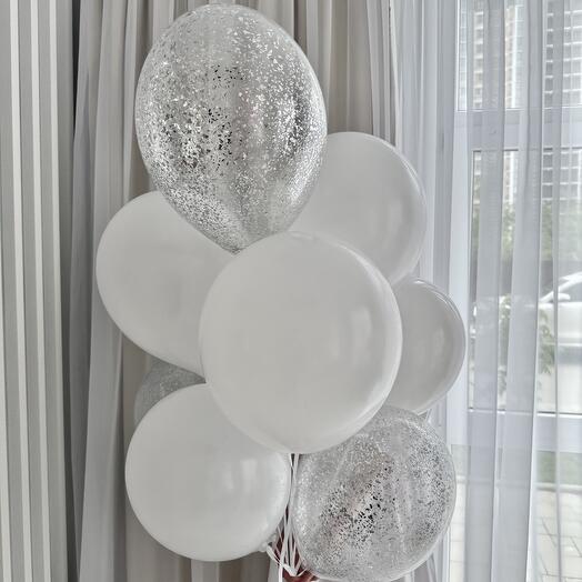 Сет из 9 шаров с гелием белый с серебристыми блестками 🎈