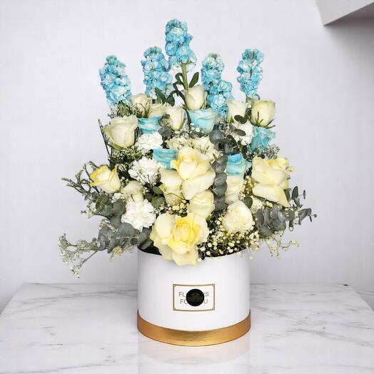 Baby Boy Flower Box – Blue   White Roses, Matthiola   Carnations in Elegant Hatbox