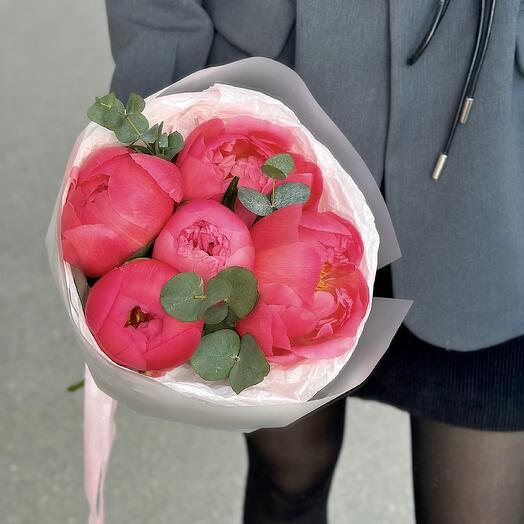 Коралловые пионы Coral Charm 5 шт с эвкалиптом | Доставка СПб