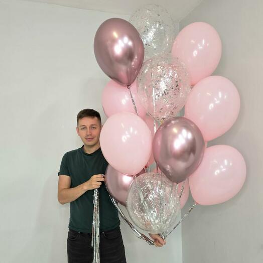 Воздушные шары на потолок, серебристо-розовый микс, 15 шаров