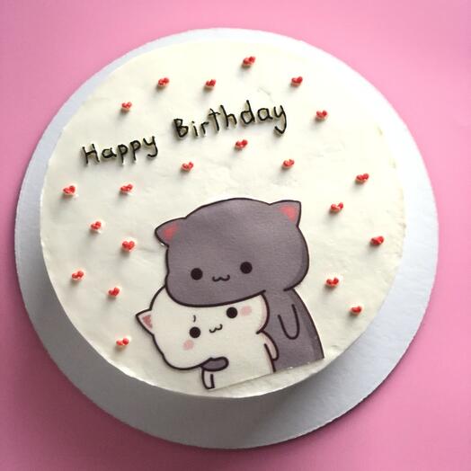 Торт с котиками, сердечками и надписью happy birthday