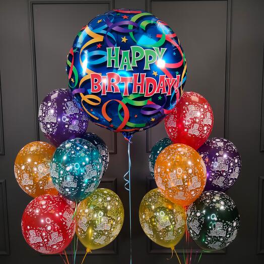 Composition with a big ball Happy Birthday! and crystal balls