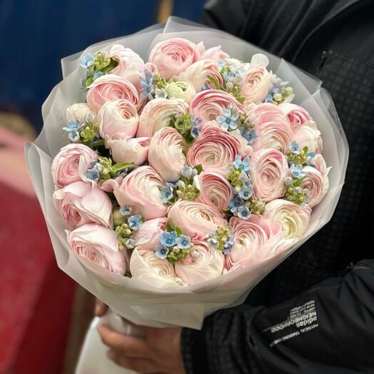 Ранункулюсы ханой 29шт с незабудками