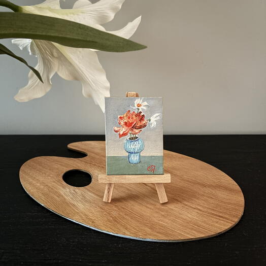 Миниатюра картина маслом на мольберте цветы в вазе