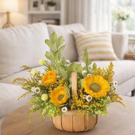 Букет подсолнухов в корзине стабилизированные композиция солнечная подарок