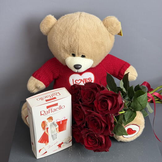 Идеальный подарок - мягкая игрушка- милый Мишка, красные розы и Рафаэлло 🌹️🎁