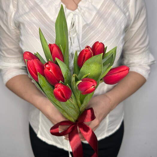 Монобукет из 9 красных тюльпанов под ленту
