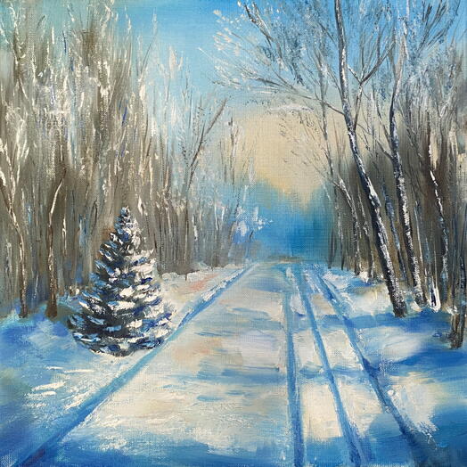 Зимнее утро — авторская картина маслом, зимний пейзаж для интерьера