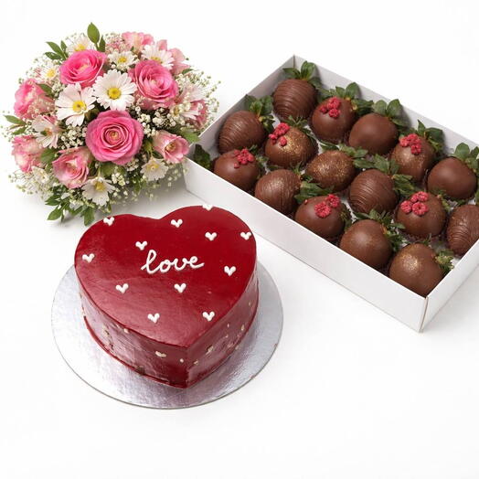 Букет цветов с бенто тортиком и клубникой в шоколаде