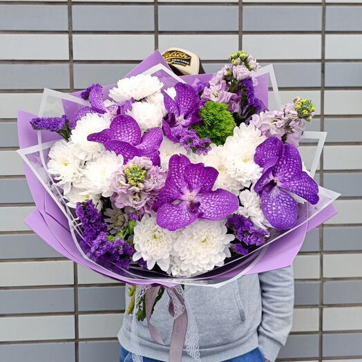 Лавандовый закат 💜Букет с орхидеями Ванда , Душистой матиоллой и белоснежной хризантемой 😍Матиолла Орхидея Хризантема Пиономания