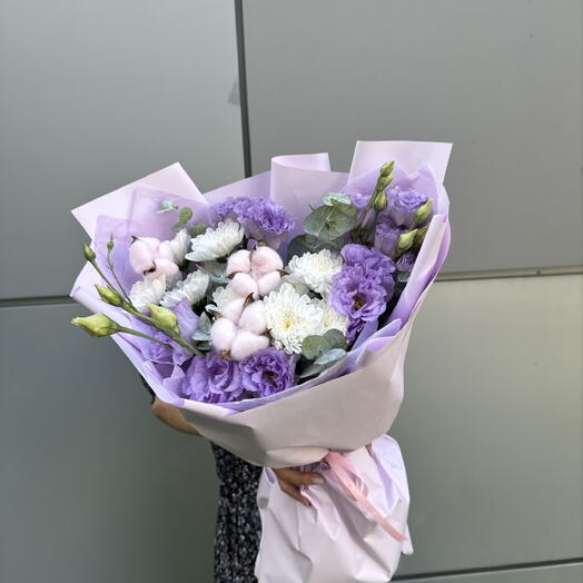 Авторский букет «Лавандовая мечта 💜» из стойких эустом и хлопка, кустовых хризантем 🌸🌺