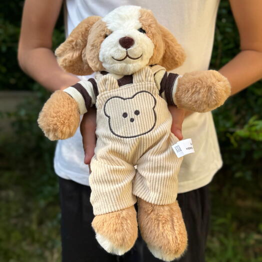Мягкая игрушка плюшевая собака в комбинезоне (1шт). Soft toy plush dog in overalls (1pc)