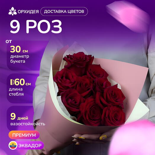 9 Роз красных 60 см