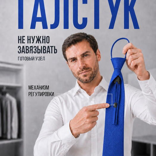 Фальшгалстук мужской синий узкий из полиэстера на затяжке для школы и офиса