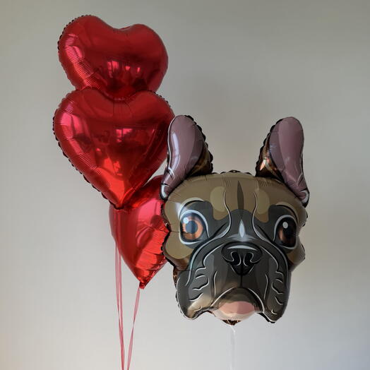 Воздушные шары: сердца и шар собака бульдог— сюрприз для мужа, парня, любимого мужчины, папы, брата или друга с днём рождения