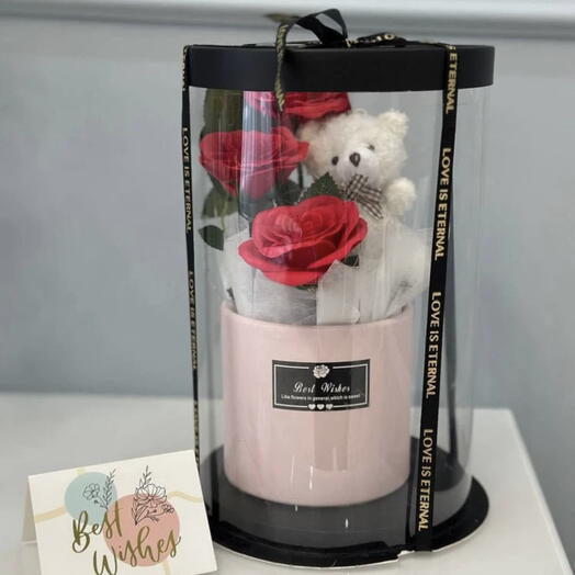 Подарочная композиция с мишкой и красными розами 🌹🧸