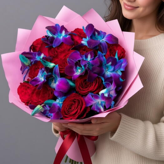 Fragrant bouquet of red Roses with Orchids "Magic attraction"