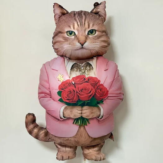 Шар фольгированный, Кот с букетом, 107 см