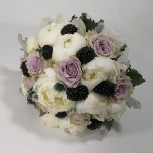 Bouquet of white peonies with blackberries