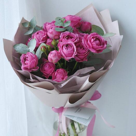 Monobucket of peony roses and eucalyptus
