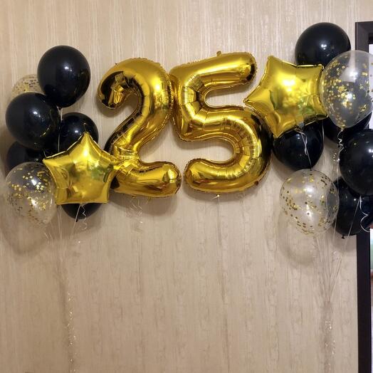 Composition of balloons for 25 years black with gold 18 pieces
