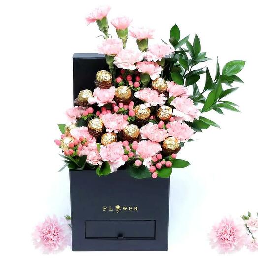 Pinky Garden Carnations and Ferrero Rocher Arrangement