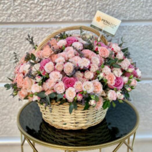 Reflex ,Sweet Sarah Spray roses with Pink and Purple Roses in basket Arrangement